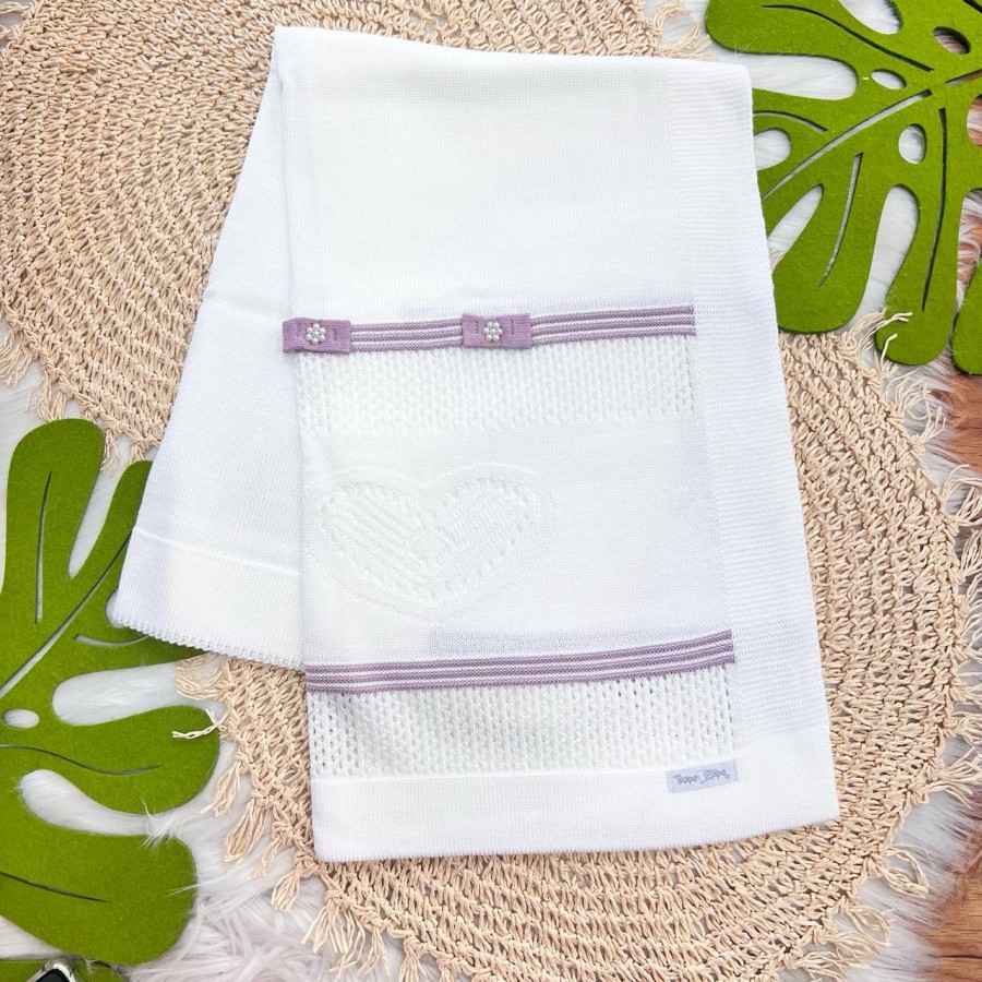 Manta de Linha Coração Dois Laços - Branco e Lilás